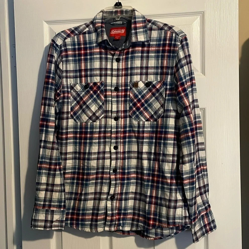 Coleman mens white and blue plaid flannel shirt size medium